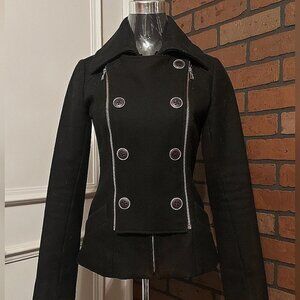 Rudsak Black Wool-Blend Fitted Peacoat Edgy Chic Biker Coat Sleek & Timeless